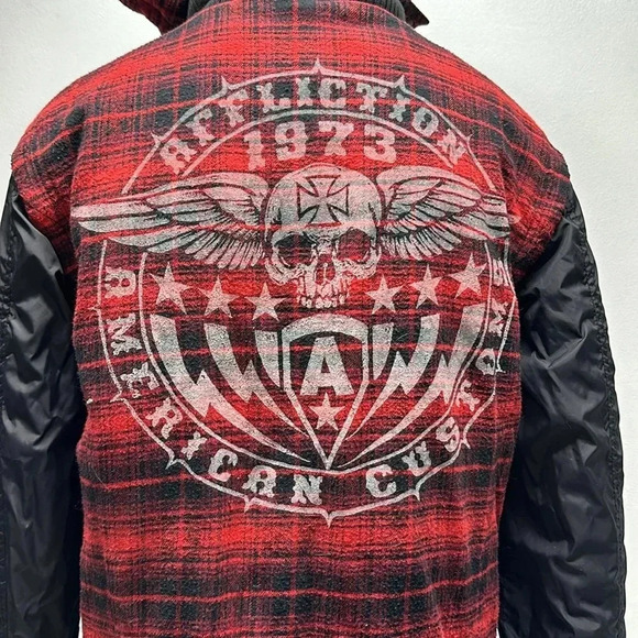 Affliction Jacket Bomber Coat Reversible Plaid American Custom Red Black Small * - Picture 9 of 13